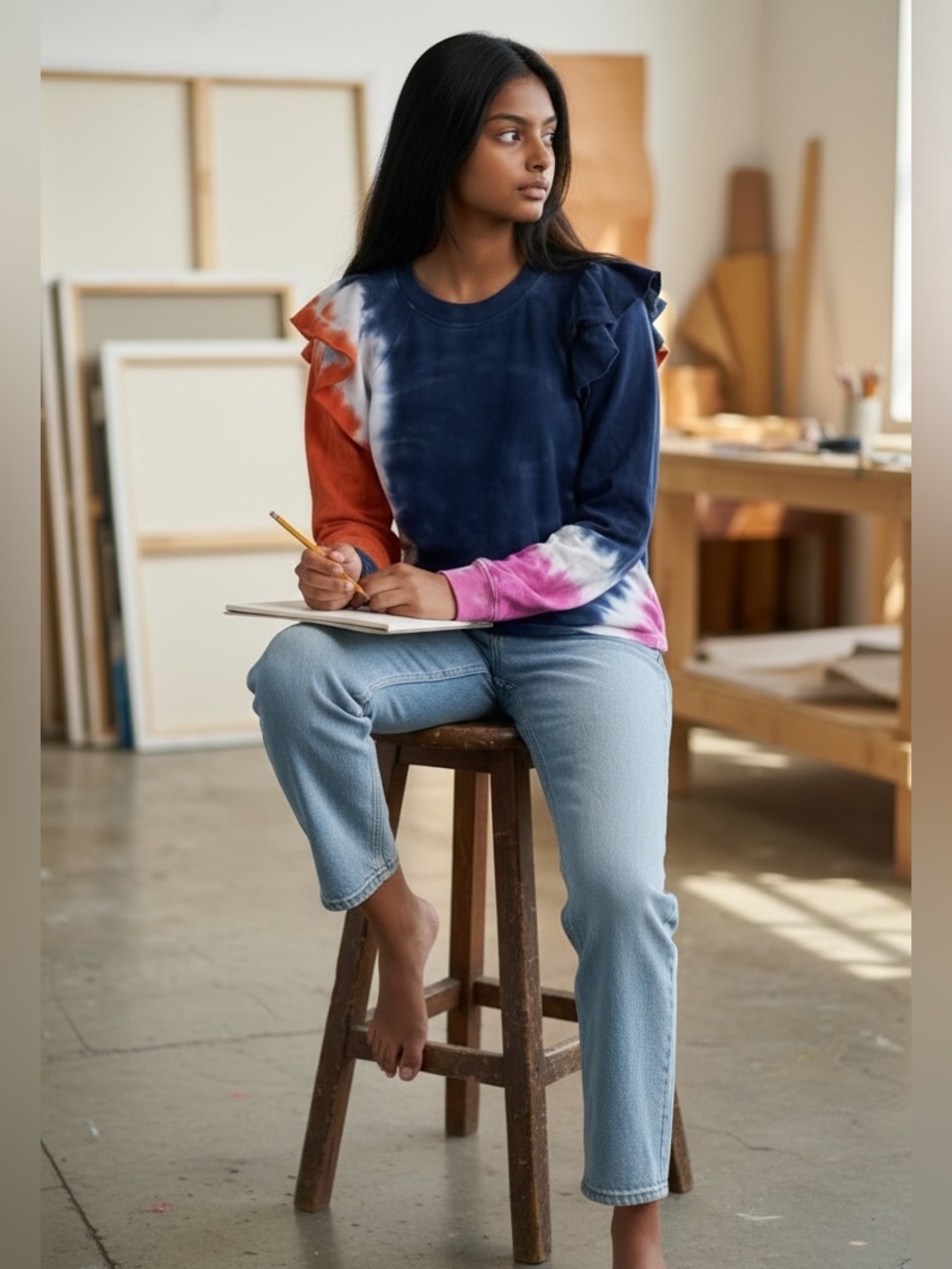 Something Navy Tie Dye Cotton Sweatshirt with Ruffle at Shoulders (H-1)